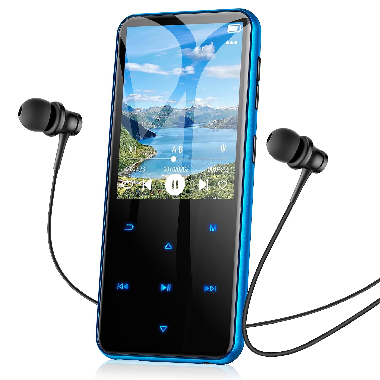 پخش کننده MP3 AGPTEK 64 گیگابایت بلوتوث 53 با صفحه نمایش رنگی TFT 24 اینچ، پخش کننده MP3 کودکانه HiFi با دکمه های لمسی بلندگو، رادیو FM، پشتیبانی از ضبط کتاب الکترونیکی تا 128 گیگابایت، آبی