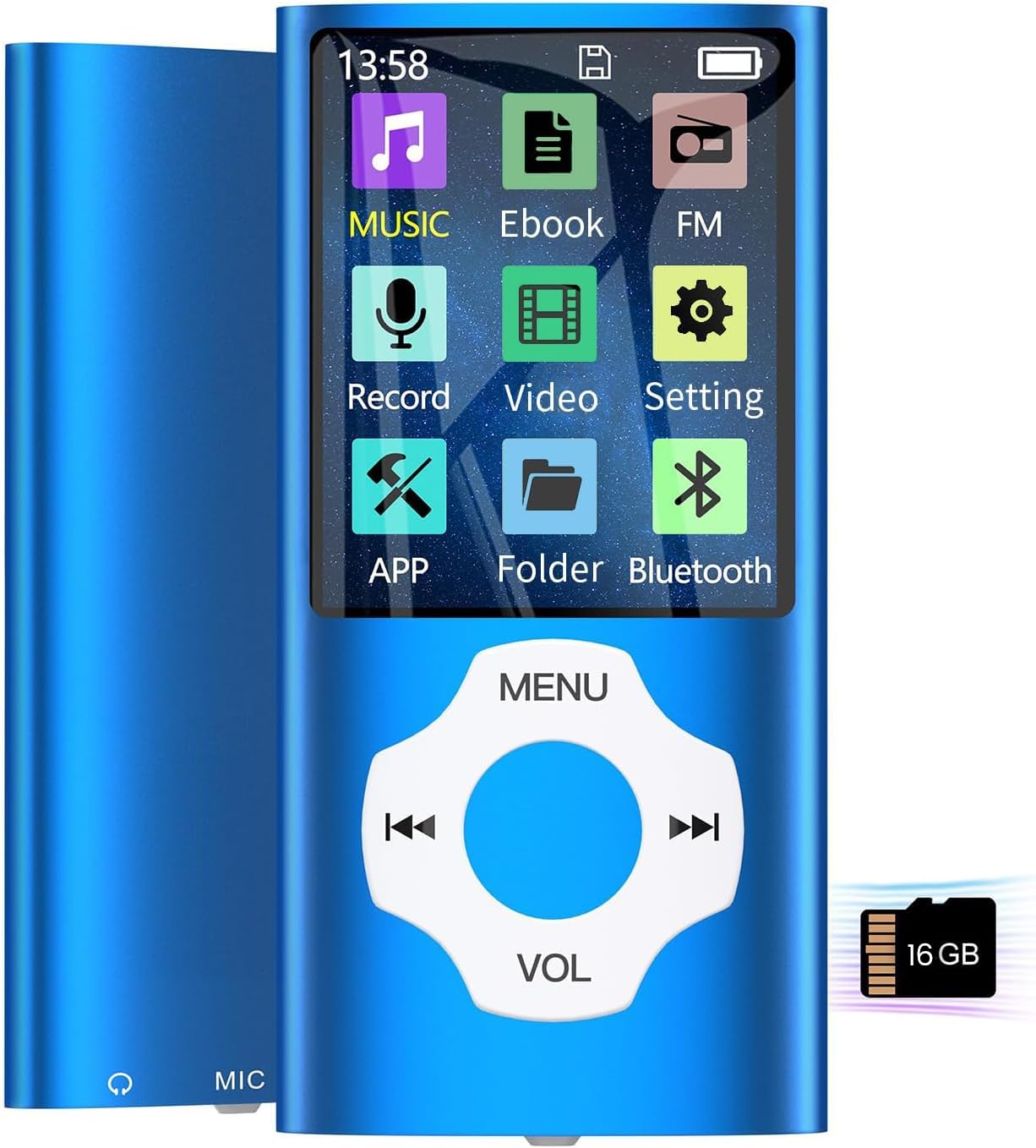 پخش کننده MP3 64 گیگابایتی با بلوتوث 5.2، پخش کننده موسیقی با صفحه نمایش LCD تا 128 گیگابایت، مینی MP3 پلیر برای کودکان با موسیقی، ویدیو، رادیو FM، ضبط صدا، کتابخوان الکترونیکی، نمایشگر عکس