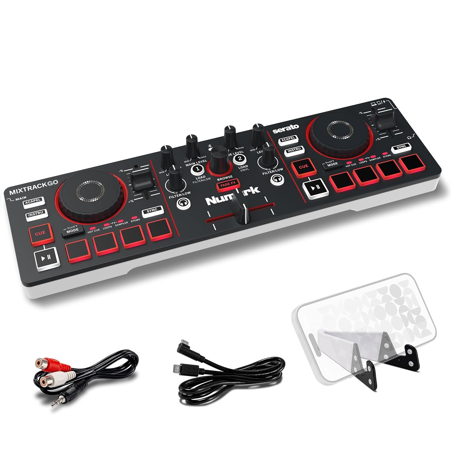 کنترلر DJ بلوتوث Numark Mixtrack Go Compact با کنترل ساقه | 2 Deck DJ Mixer، برای مبتدیان و دی جی های موبایل، Smart Fader، USB-C، Serato DJ Lite و Algoriddim djay، Gen 4