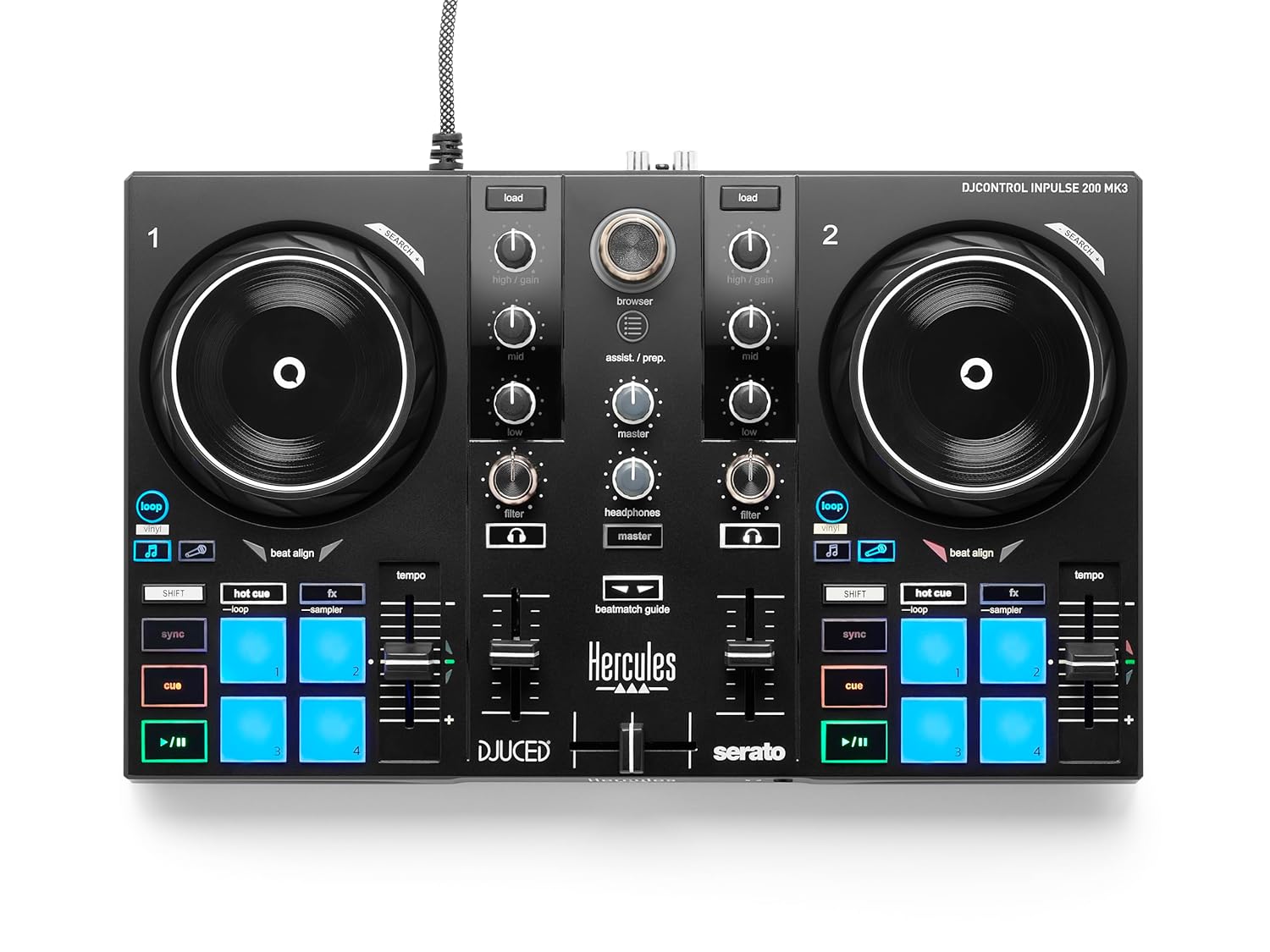 Hercules DJControl Inpulse 200 MK3 DJ Controller, 2 Deck DJ Mixer with Jog Wheels, Pads, Crossfader, مبتدی تجهیزات DJ با آموزش و استریم, DJ Board فشرده قابل حمل, سازگار با کامپیوتر | کنترلر دی جی با تمرکز مبتدی 2 طبقه با چرخ های حساس به لمس، 4 پد عملکرد در هر عرشه، کنترل های ساقه