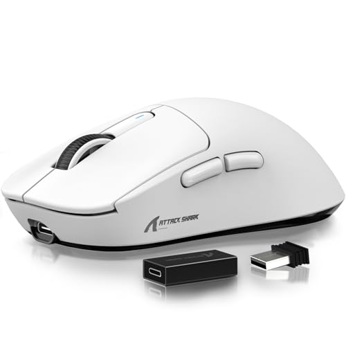 ماوس ATTACK SHARK X3 Pro 4K/8K Hz، 49 گرم سوپرلایت، سنسور بازی PixArt PAW3395، ماوس گیمینگ بیسیم/سیمی BT/2.4G، قابلیت تنظیم 6 DPI تا 26000، باتری 200 ساعت (سفید)