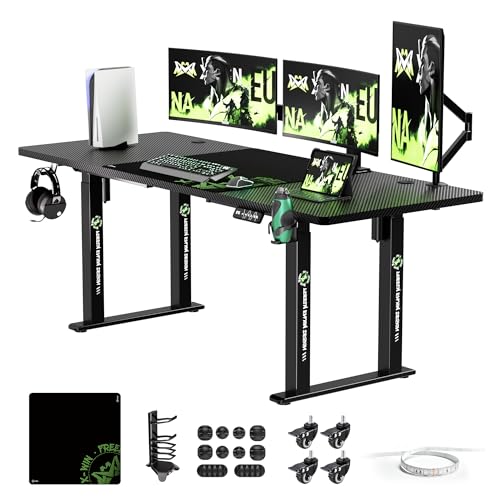 میز ایستاده با ارتفاع قابل تنظیم برقی X-WIN، 71 اینچ x 31.5 اینچ میز نشسته و ایستاده ارگونومیک 4 پایه برای دفتر خانه، میز کار دو موتوره قدرتمند با چرخ های قفل، مشکی بافت فیبر کربن