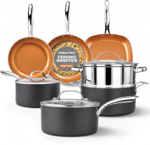 سرویس قابلمه و تابه سرامیکی ۱۲ پارچه نچسب Gotham Steel مدل 8055 – روکش Ceramic & Titanium، بدون PFOA/PFOS/PTFE، رنگ مسی