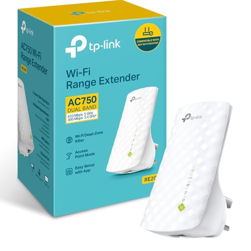 توسعه دهنده دامنه دو باند جهانی TP-Link RE200 AC750، توسعه دهنده پهن باند/وای فای، تقویت کننده وای فای/هت اسپات با پورت اترنت، Plug and Play، نشانگر سیگنال هوشمند، دوشاخه بریتانیا