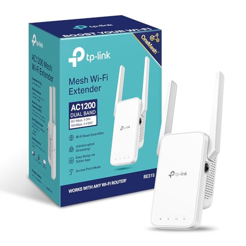 TP-Link RE315 AC1200Mbps تقویت کننده وای فای دو بانده، 2 آنتن خارجی، EasyMesh، تقویت کننده دامنه WiFi، تقویت کننده اینترنت، نقطه دسترسی، کار با هر روتر WiFi، راه اندازی آسان، دوشاخه بریتانیا