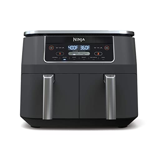 Ninja DZ201 Foodi 8 Quart 6-in-1 DualZone 2-Backet Air Freier با 2 سبد سرخ کردنی مستقل، پخت و پز هوشمند برای کباب کردن، کباب کردن، آبگیری و غیره برای غذاهای سریع، آسان، خاکستری | سرخ کردنی با هوا، کباب کردن، کبابی، پخت، گرم کردن مجدد، آبگیری، 2 سبد مستقل، فینیش هوشمند، پخت کبریت