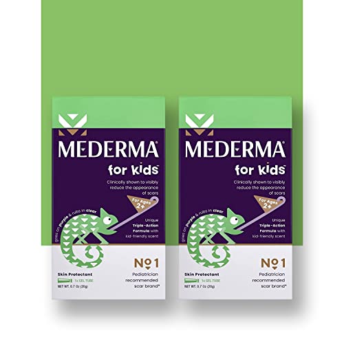 ژل جای زخم کودک Mederma Kids – بسته دوقلو 2×20 گرم با رایحه انگور، رنگ بنفش هنگام استفاده و جذب شفاف