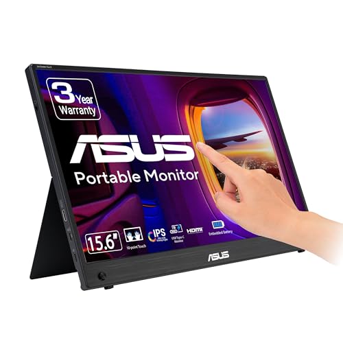 مانیتور قابل حمل ASUS ZenScreen Touch MB16AMTR: 16 اینچ (قابل مشاهده 15.6 اینچ)، FHD (1920 x 1080)، IPS، لمس 10 نقطه ای، باتری داخلی، راه حل سیگنال هیبریدی، Mini-HDMI، پایه پایه - مشکی
