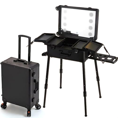 کیف چرخدار آرایشگری حرفهای MUMOO BEAR مدل KLC-181-2 سایز 21 اینچ با آینه LED و پایه نگهدارنده مشکی