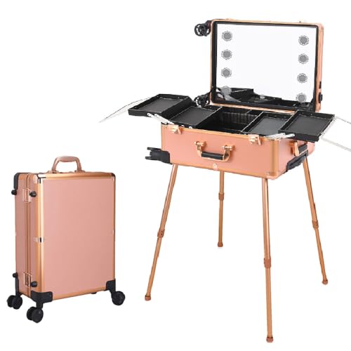 کیف چرخدار آرایشگری حرفهای MUMOO BEAR مدل KLC-181-2 سایز 21 اینچ صورتی با آینه LED و پایه نگهدارنده