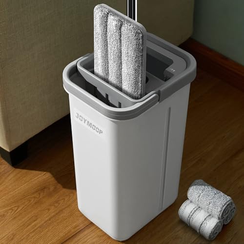 JOYMOOP - ماپ و سطل تخت با اسپینر، با 3 دستمال مرطوب میکروفیبر قابل شستشو - استفاده مرطوب و خشک، سیستم تمیز کردن کف