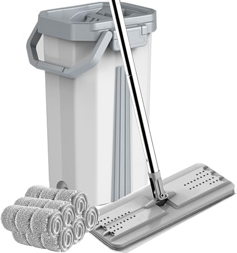 ماپ و سطل Toworld با ست Wringer، دست پاک کن و سطل کف تخت، 6 پد میکروفایبر قابل شستشو شامل، استفاده مرطوب و خشک، سیستم تمیز کردن کف خانه برای انواع کف و پنجره ها