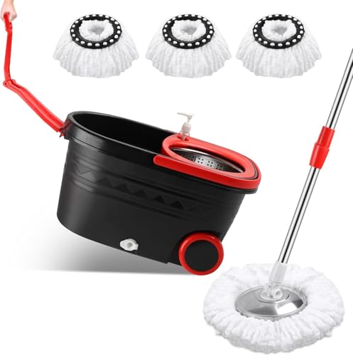 ماپ و سطل چرخشی Easy Wring با چرخ، ماپ تمیزکننده کف میکروفایبر چرخشی 360 درجه با 2 سر ماپ میکروفیبر، دسته قابل تنظیم، سیستم تمیزکننده فوق العاده جاذب برای خانه و آشپزخانه