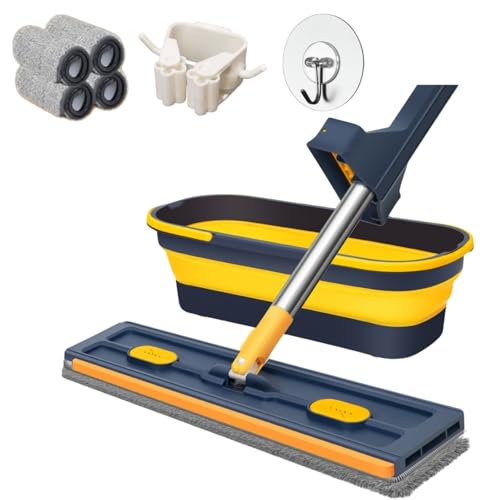 ماپ تخت خود چروک شونده با سطل تاشو، ماپ چرخشی 360 درجه برای کف کاشی و مرمر، شستشو و خشک کردن بدون دست، تمیز کردن عمیق اسکراپر EVA، استفاده با مواد شوینده، 4 پد قابل استفاده مجدد