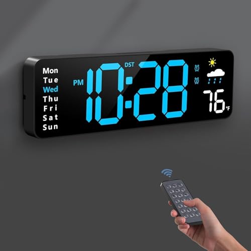 ساعت دیواری دیجیتال، ساعت دیجیتالی صفحه نمایش بزرگ با کنترل از راه دور، ساعت زنگ دار LED با سیم با تاریخ، هفته، دما، رطوبت، DST خودکار، شمارش معکوس، برای اتاق نشیمن اتاق خواب دفتر کلاس درس (آبی)