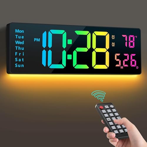 ساعت دیواری، ساعت دیواری دیجیتال LED، با کنترل از راه دور و کاهش روشنایی خودکار ساعت دیجیتال 16.2 اینچی، ساعت دیواری بزرگ با دما و تاریخ، برای اتاق خواب و اتاق نشیمن