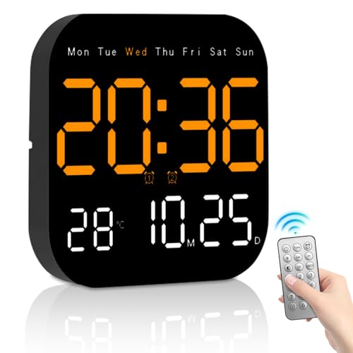 ساعت دیواری دیجیتال Necomi، ساعت دیجیتال LED 9 اینچی با کنترل از راه دور برای دکوراسیون اتاق نشیمن، هفته/تاریخ/دما، روشنایی خودکار، ایستاده و آویزان، تغذیه با کابل (نارنجی)