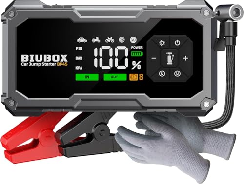 جامپ استارتر خودرو با کمپرسور هوا، BiuBox 8500A 150PSI باتری خودرو برای همه گازوئیل / 9 لیتر دیزل، شارژر باتری 12 ولتی خودرو با دستکش عایق، نمایشگر LED، نور 500lm