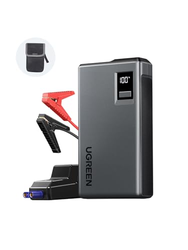 باتری ماشین UGREEN Jump Starter، بسته باتری 1000A UltraSafe 12V، تقویت کننده باتری 3 در 1، Jump Box، پاوربانک قابل حمل 12000 میلی آمپر ساعتی با صفحه دیجیتال، لیدهای پرش و چراغ LED برای مواقع اضطراری و سفر