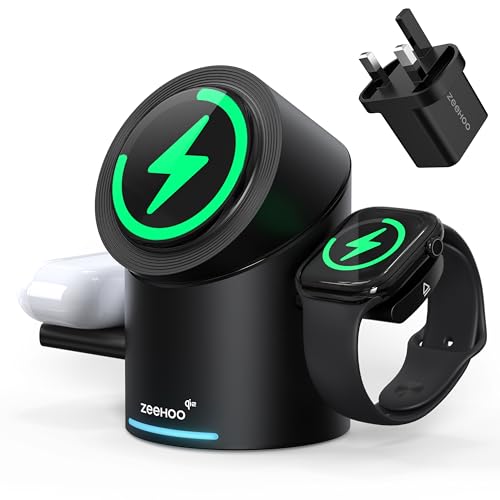 ایستگاه شارژ بیسیم ZEEHOO 3 در 1، پایه شارژر چرخان خودکار Magsafe برای چندین دستگاه، شارژر سریع 15 واتی Qi2 iPhone 16/15/14/13/12، AirPods 4/3/2/Pro، iWatch/Ultra (شامل آداپتور 30 واتی)