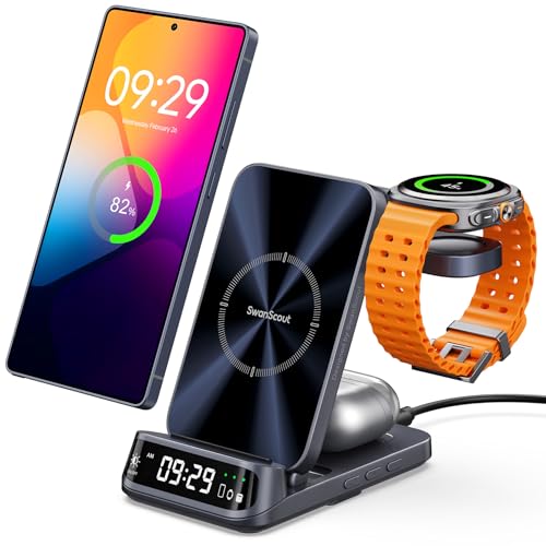 ایستگاه شارژ بیسیم برای سامسونگ، شارژر بیسیم 3 در 1 برای Samsung S25 Ultra/S25+/S25/S24/S23/S22/Z Flip/Fold7، برای Galaxy Watch 7/Ultra/FE/6/5/Buds 3 Pro، SwanScout 708S (بدون آداپتور)