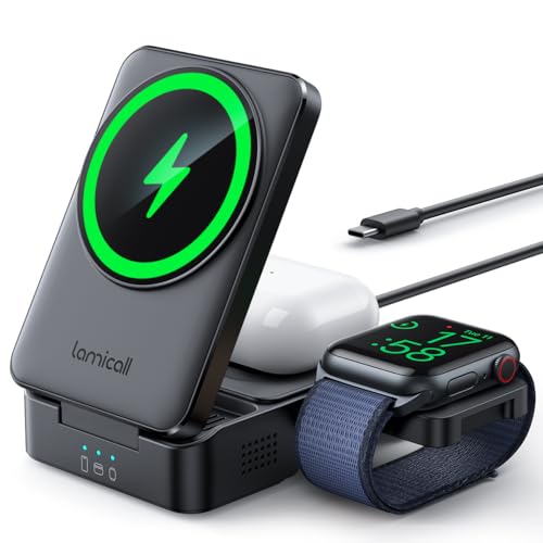 Lamicall 3 in 1 Charging Station for Apple - پایه شارژر بی سیم تاشو برای Mag Safe قابل حمل، ایستگاه شارژ بی سیم مسافرتی برای چندین دستگاه