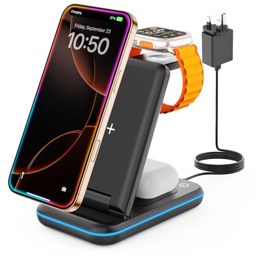ایستگاه شارژ بیسیم GEEKERA 3 در 1، پایه شارژر بیسیم تاشو برای چندین دستگاه اپل برای iPhone 16 15 14 13 12 11 Pro Max Plus XR X، Apple Watch Ultra/9/SE/8/7/6/5/4/3/2، AirPods Pro/3