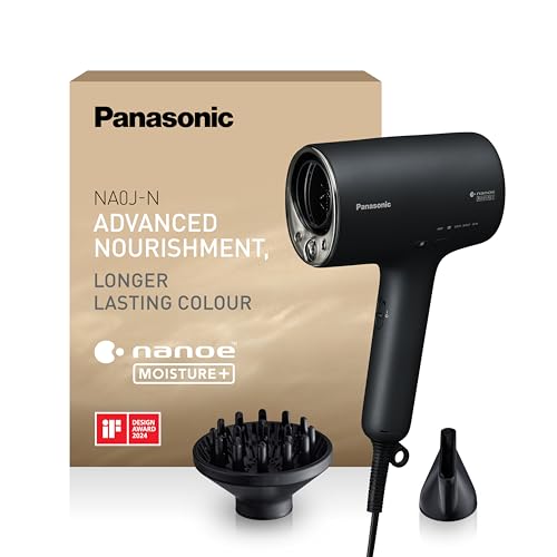Panasonic EH-NA0J-N825 nanoe MOISTURE+ و سشوار معدنی، نازل پخش کننده و متمرکز کننده، سنسور هوشمند، حالت تغییر سرد و گرم، مراقبت از پوست، پوست سر و نکات مو، 1600 وات، مشکی