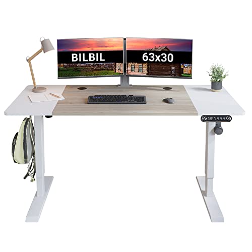 میز ایستاده برقی bilbil 63 x 30 اینچ، میز ایستاده قابل تنظیم ارتفاع با تخته اسپلایس، میز اداری ایستاده، قاب سفید / بلوط و رویه سفید