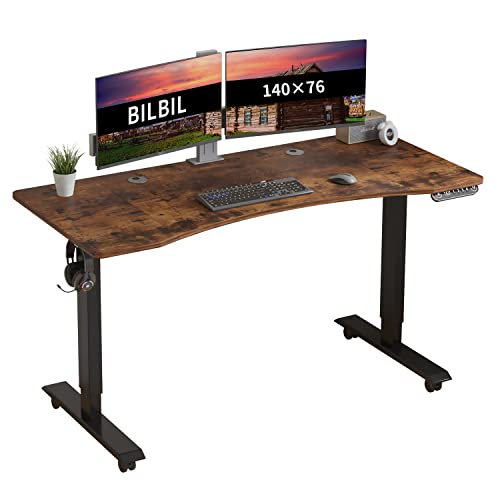 میز ایستاده برقی bilbil 55 × 30 اینچ، میز ایستاده قابل تنظیم ارتفاع با تخته اسپلایس، چرخ با ترمز، قاب مشکی/روکش قهوه ای روستایی