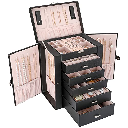 جعبه سازماندهی جواهرات بزرگ ProCase برای زنانه دخترانه، کیف نگهدارنده 6 لایه نگهدارنده با کشو و جداکننده برای گوشواره گردنبند حلقه دستبند ساعت -مشکی