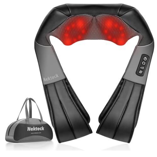 ماساژور گردن و پشت Nekteck Shiatsu با گرمای تسکیندهنده، بالش ماساژ سه بعدی بافت عمیق الکتریکی برای تسکین درد شانه، ساق پا، عضلات بدن، استفاده در منزل، محل کار و ماشین، شامل کیف حمل