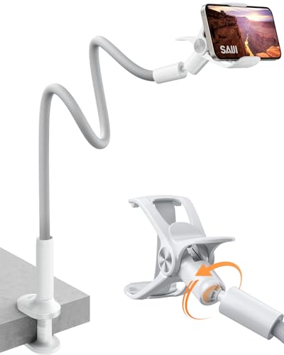 پایه گوشی SAIJI Gooseneck برای تخت - طول کلی 38.6 اینچ بازوی انعطاف پذیر چرمی روی پایه پایه تلفن همراه با گیره گیره قابل تنظیم 360 درجه، سازگار با همه تلفن های همراه 4-7 اینچی (خاکستری)