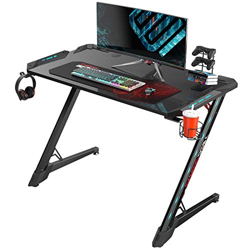 میز بازی EUREKA ERGONOMIC Z1S-Pro 44.5 اینچی Z شکل میز بازی کامپیوتر دفتر کامپیوتر میز گیمر Pro Rgb چراغ های LED با جای نوشیدنی قلاب هدفون و پد ماوس