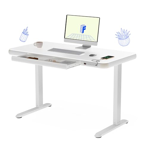 میز ایستاده با قابلیت تنظیم ارتفاع برقی Flexispot با کشو رومیزی و قاب شیشه ای سفید 48 اینچ و قاب ایستگاه کاری کامپیوتر دفتر خانه (2.4A پورت شارژ USB، کنترلر حافظه، قفل کودک)