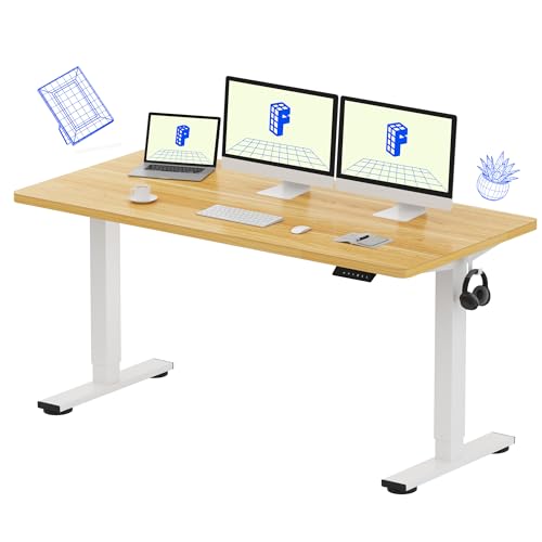 میز ایستاده تک تکه FLEXISPOT EN1، میز قابل تنظیم ارتفاع برقی بزرگ 60 در 24 اینچ، میز ایستاده برای دفتر خانه (قاب سفید + رومیزی افرا، 2 بسته)