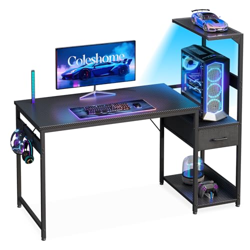 میز بازی Coleshome 120×48 سانتی متر با چراغ های LED، میز کامپیوتر برگشت پذیر با کشو و قفسه نمایشگر، میز بازی با قلاب هدفون، مشکی فیبر کربن