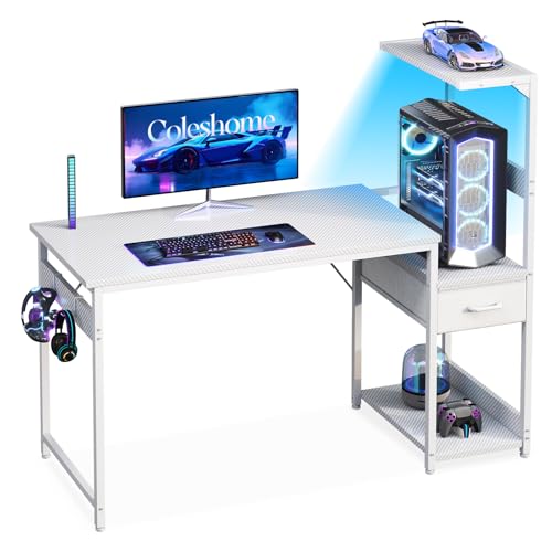 میز بازی Coleshome 120×48 سانتی متر با چراغ های LED، میز کامپیوتر برگشت پذیر با کشو و قفسه نمایشگر، میز بازی با قلاب هدفون، فیبر کربن سفید