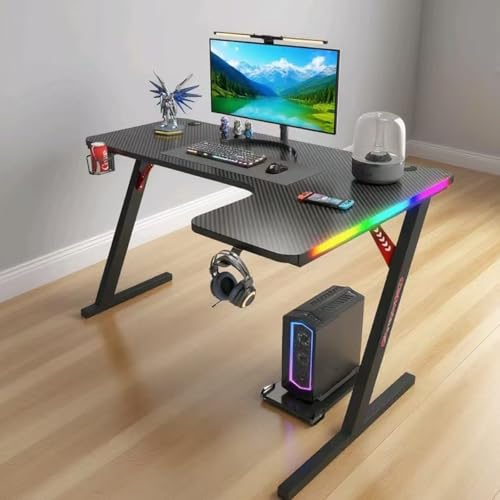 میز بازی با چراغهای LED، میز بازی کامپیوتری RGB بزرگ با پد ماوس قلاب هدفون، فیبر کربن مدرن ارگونومیک Mesa Gamer PC میزهای اداری خانگی (1، L-شکل سمت راست)